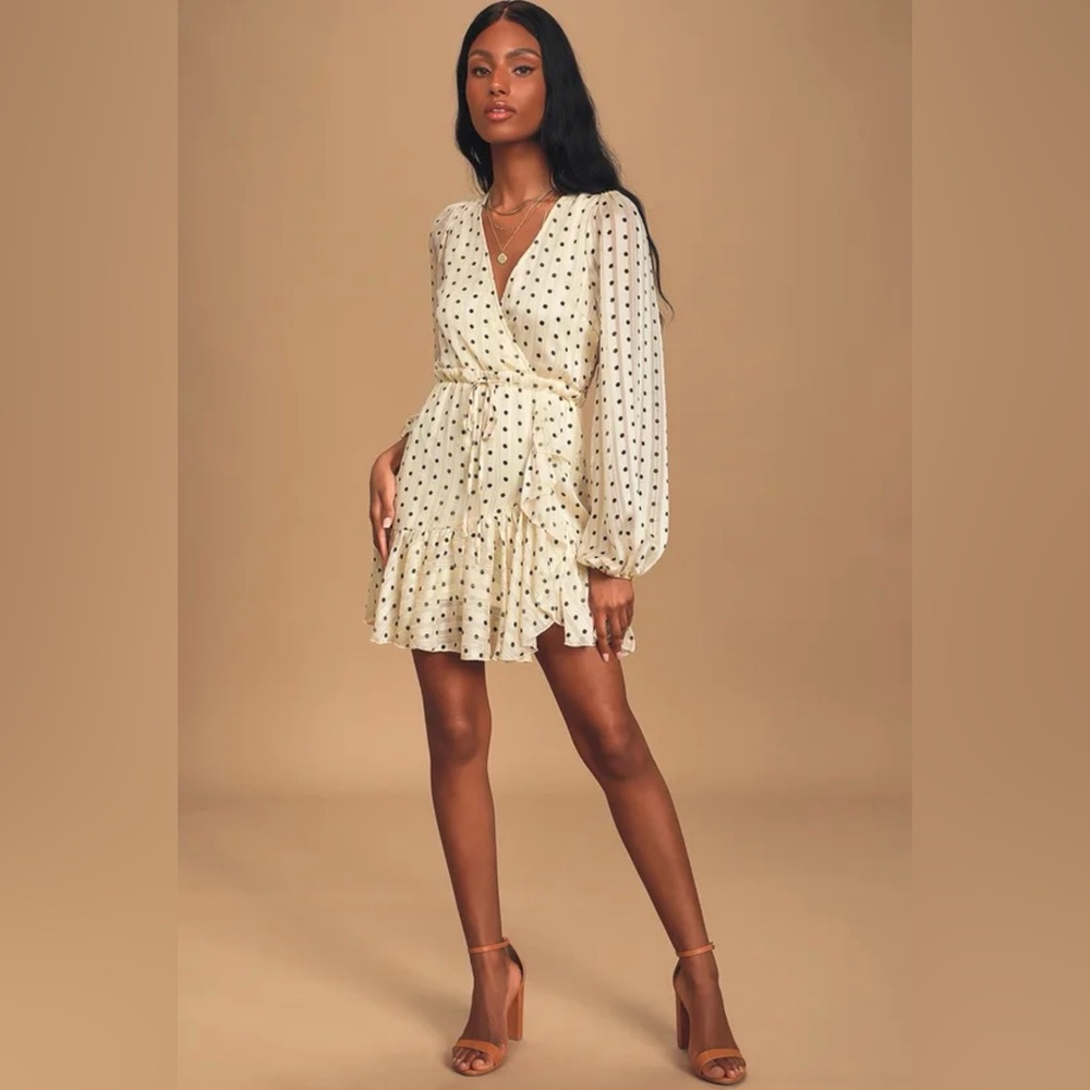 Lulu’s Spotlight Moment Ivory Polka Dot Long Sleeve Ruffled Mini Dress